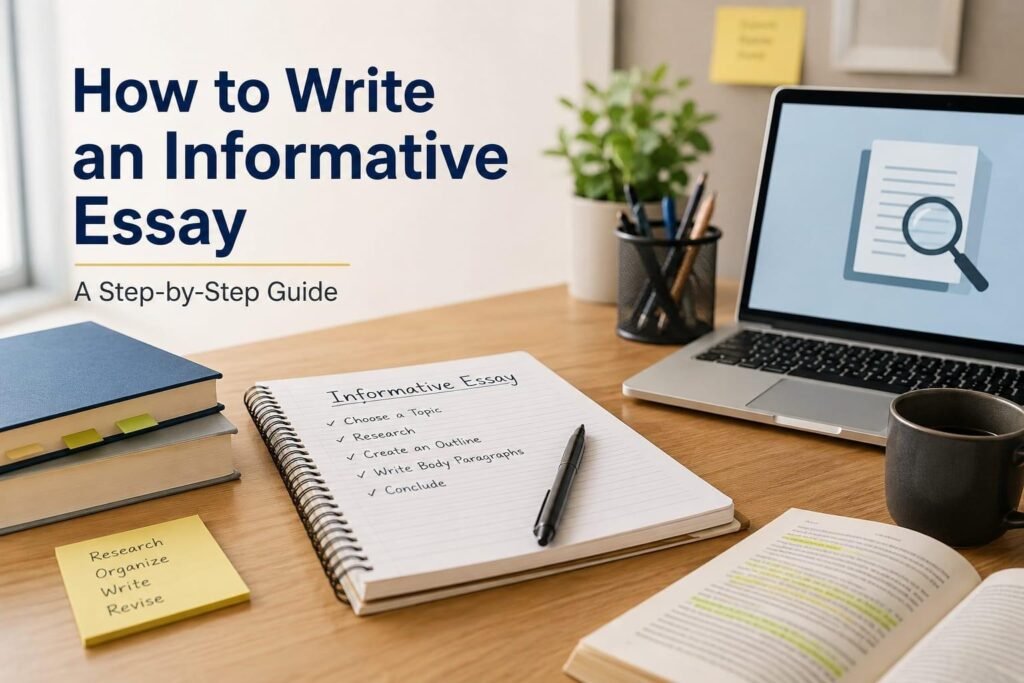 An organized wooden desk setup with books, a laptop, a mug, and an open notebook titled "Informative Essay" listing step-by-step writing tips next to bold text reading "How to Write an Informative Essay."